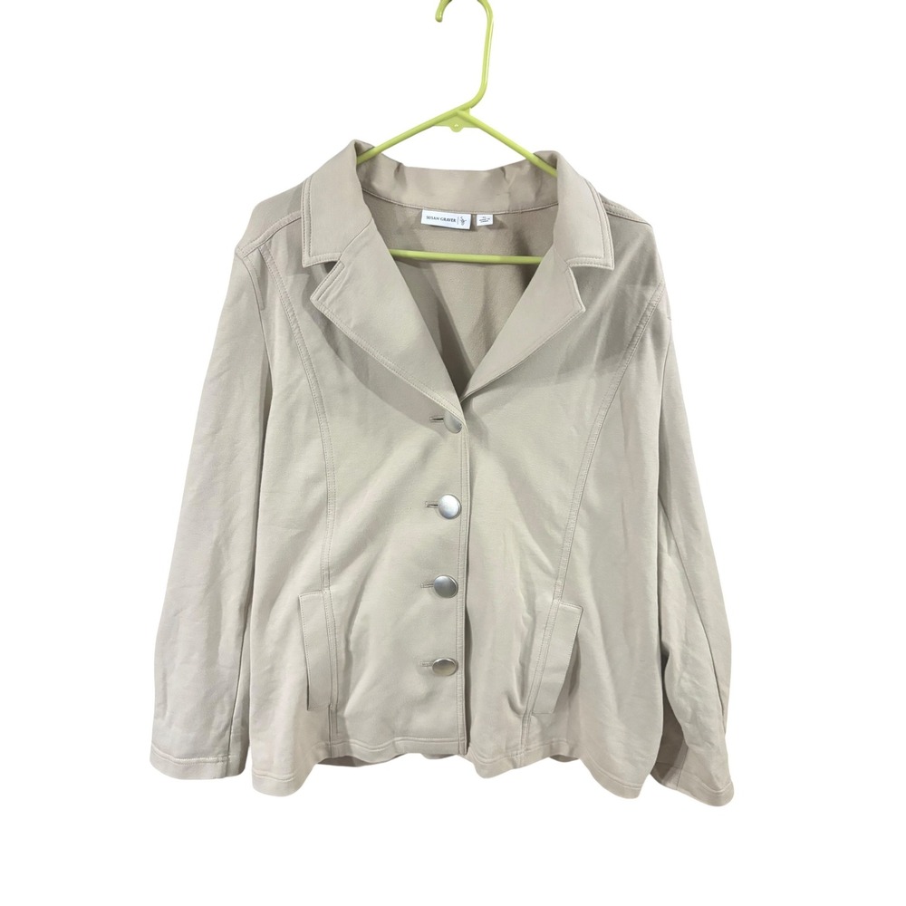 Susan Graver Weekend Womens XL Tan Beige Knit Button Front‎ Blazer Jacket Pocket